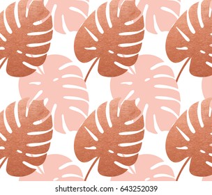 Trendy Copper Tropical Leaves Background. Vector Pattern.