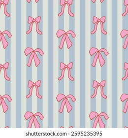 Trendy coquette seamless pattern with hand drawn whimsical bows and stripes. Vector outline background in vintage aesthetic