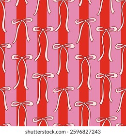 Trendy coquette seamless pattern with hand drawn whimsical bows and stripes. Vector outline background in vintage aesthetic
