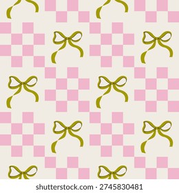 Trendy coquette seamless pattern with pink bows and ribbons. Delicate and playful background for girly prints, cards, wrapping paper, holidays and modern textile design