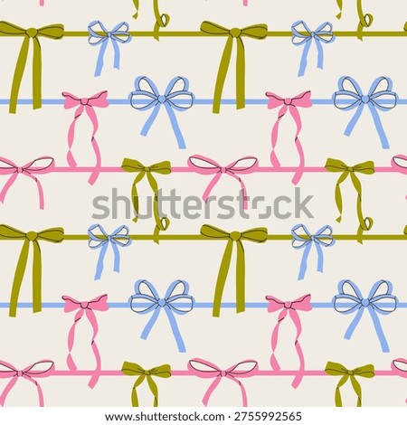 Trendy coquette seamless pattern with pink bows and ribbons. Delicate and playful background for girly prints, cards, wrapping paper, holidays and modern textile design