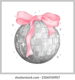 Trendy Coquette Silver Disco ball with pink ribbon bow Retro Watercolor