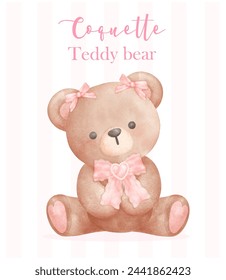 Trendy Coquette teddy bear with pink ribbon bow, retro vintage watercolor vector