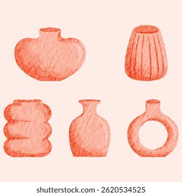 Trendy coral vases with abstract shapes painted in watercolor style. Bold yet soft aesthetic for interior design, contemporary decor, and modern boho concepts