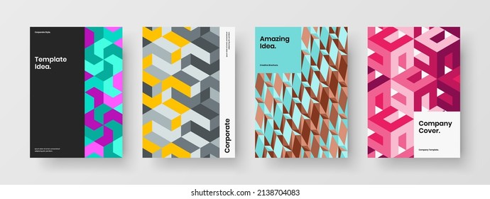 Trendy corporate brochure A4 vector design concept composition. Unique mosaic hexagons front page illustration bundle.