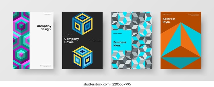 Trendy corporate brochure A4 vector design illustration bundle. Unique mosaic shapes booklet layout composition.