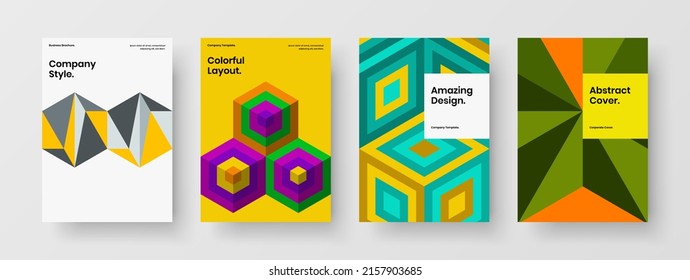 Trendy corporate brochure vector design concept composition. Bright geometric hexagons book cover layout set.