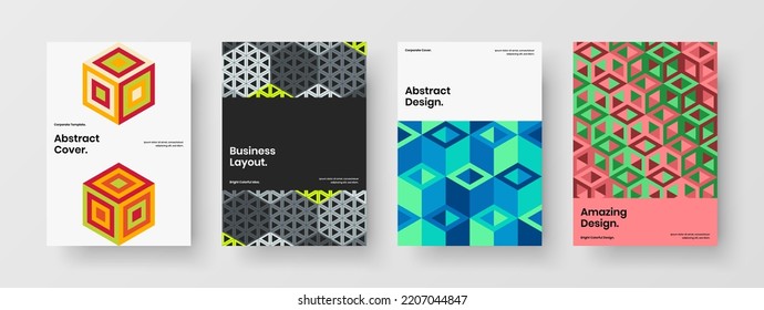 Trendy corporate brochure vector design concept set. Vivid geometric tiles pamphlet illustration bundle.