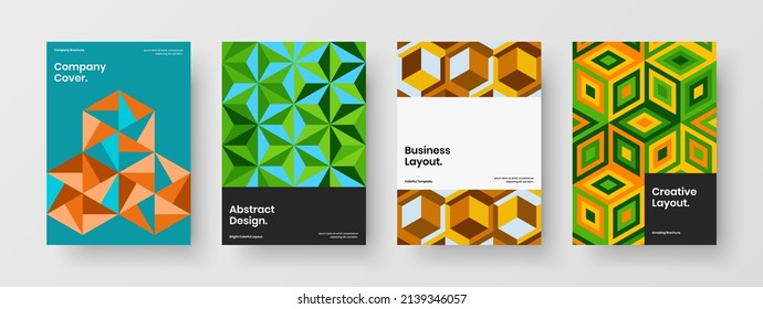 Trendy corporate cover vector design illustration collection. Minimalistic mosaic hexagons postcard layout set.