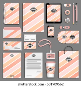 Trendy corporate identity striped template set. Business stationery mock-up with logo. Branding design. Memphis texture. Colorful geometric background.