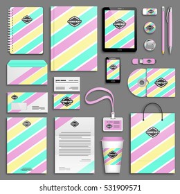 Trendy corporate identity striped template set. Business stationery mock-up with logo. Branding design. Memphis texture. Colorful geometric background.