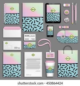 Trendy Corporate identity template set. Business stationery mock-up with logo. Branding design. Colorful holographic background.