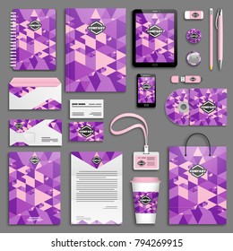 Trendy corporate identity template set. Business stationery mock-up with logo. Branding design. Ultraviolet geometric background.