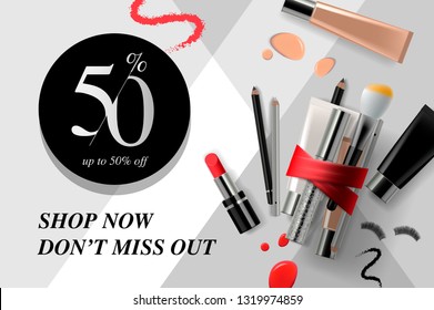 Trendy cosmetic products, ads beauty sale streamers. Modern design vector illustration concept for website and mobile website development.
