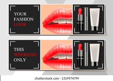 Trendy cosmetic products ads streamers. Modern design vector illustration concept for website and mobile website development.
