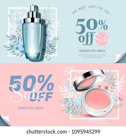 Trendy cosmetic products banner with cheek blush and essence bottle in 3d illustration, watercolor hand drawn floral decorations