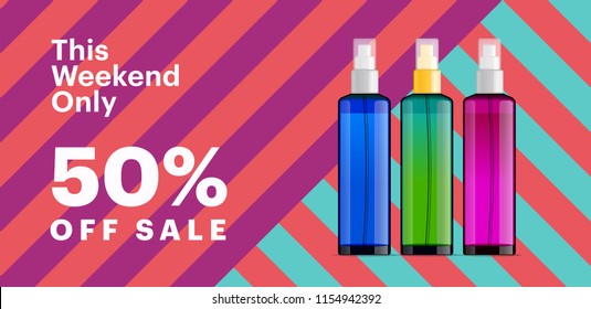 Trendy Cosmetic Products Banner With Essence Bottles. Modern Geometric Background With Stripes. Big Sale Poster Template.