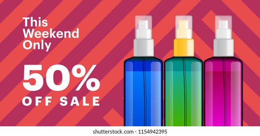 Trendy cosmetic products banner with essence bottles. Modern geometric background with stripes. Big sale poster template.