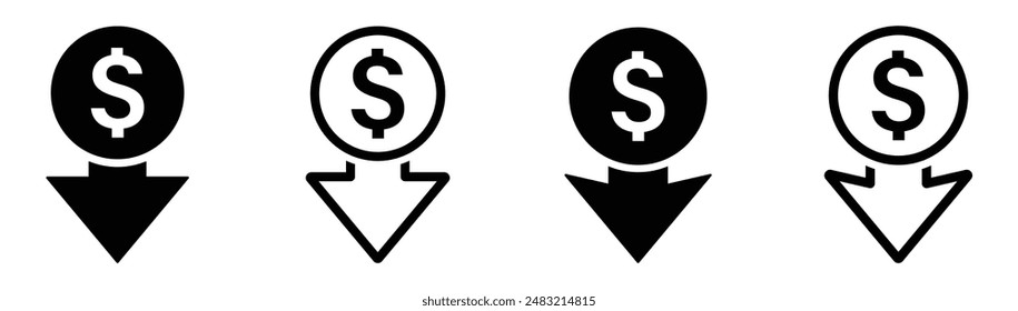 Trendy Kostensenkung Vektor-Icons. Dollarkostenreduktionszeichen