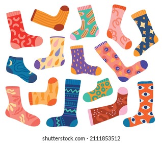 Trendy cotton socks. Stylish colorful design cloth elements. Abstract bright prints and funny patterns. Short or knee stockings. Isolated foot clothing. Vector fashion