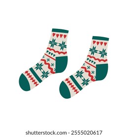 Trendy cotton and woolen socks with different textures isolated on white background. Vector illustration. Knitted socks icon different colors and sizes . Cozy winter, autumn and could season time .