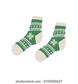 Trendy cotton and woolen socks with different textures isolated on white background. Vector illustration. Knitted socks icon different colors and sizes . Cozy winter, autumn and could season time .