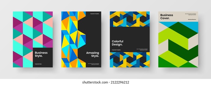 Trendy cover A4 design vector template bundle. Bright mosaic shapes pamphlet illustration set.
