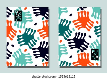 Trendy cover with abstract graphic shapes - blots. Two modern vector flyers in avant-garde  style. Geometric wallpaper for business brochure, cover design. 