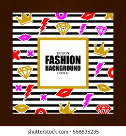 Trendy cover background. Fashion patch badges with lips, crowns, diamond and other elements with retro style, fashion 80-90s. Vector illustration.