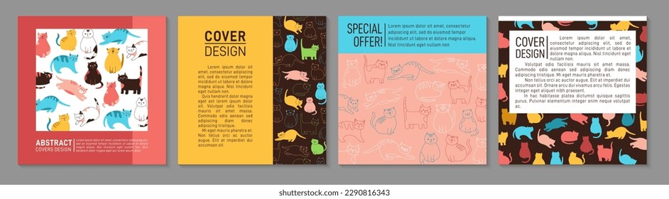 Trendy cover and cute cats set design. Kitty doodle pattern page, square card flyer. Notebook planner with kitten in different playing poses. Brochure social media catalog. Decorative page background