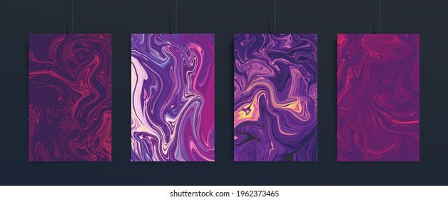 Trendy cover design with liquid background. Marble vector texture set