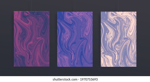 Trendy cover design with liquid background. Marble vector texture set