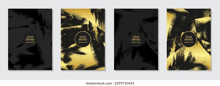Trendy cover design set. Black embossed 3d background, golden texture. Geometric abstract pattern with spots, splashes, sparkles. Creative grunge collection. Vertical vector templates. 