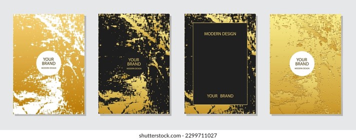 Trendy cover design set. Black background, 3d golden texture. Geometric creative pattern with spots, splashes, sparkles. Luxury grunge collection. Vertical vector templates.
