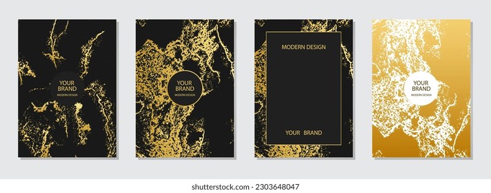 Trendy cover design set. Black texture background, golden texture. Geometric vintage pattern with spots, cracks, scratches. Luxurious grunge art collection. Vertical vector templates.