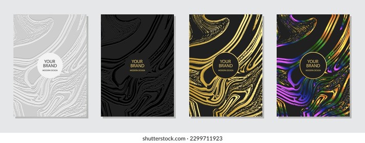 Trendy cover design set. Relief 3D backgrounds, golden texture. Geometric exclusive marble pattern.Luxury grunge collection. Vertical vector templates.