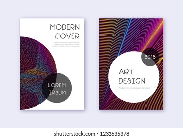 Trendy cover design template set. Rainbow abstract lines on wine red background. Grand cover design. Brilliant catalog, poster, book template etc.