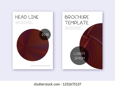 Trendy cover design template set. Orange abstract lines on wine red background. Fresh cover design. Unequaled catalog, poster, book template etc.