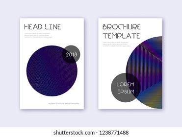 Trendy cover design template set. Rainbow abstract lines on dark blue background. Glamorous cover design. Gorgeous catalog, poster, book template etc.