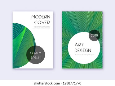 Trendy cover design template set. Green abstract lines on dark background. Gorgeous cover design. Noteworthy catalog, poster, book template etc.