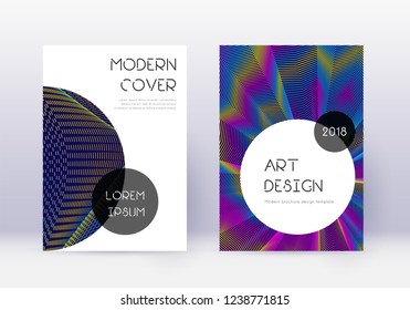 Trendy cover design template set. Rainbow abstract lines on dark blue background. Grand cover design. Alluring catalog, poster, book template etc.