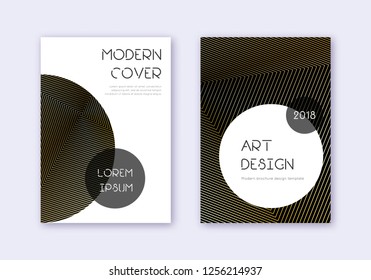 Trendy cover design template set. Gold abstract lines on black background. Good-looking cover design. Symmetrical catalog, poster, book template etc.