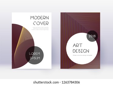 Trendy cover design template set. Gold abstract lines on maroon background. Gorgeous cover design. Classic catalog, poster, book template etc.