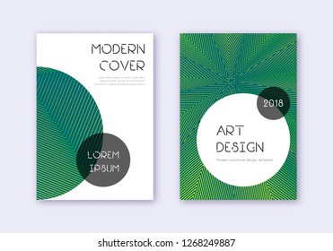 Trendy cover design template set. Green abstract lines on dark background. Gorgeous cover design. Resplendent catalog, poster, book template etc.