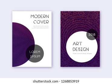 Trendy cover design template set. Violet abstract lines on dark background. Great cover design. Bewitching catalog, poster, book template etc.