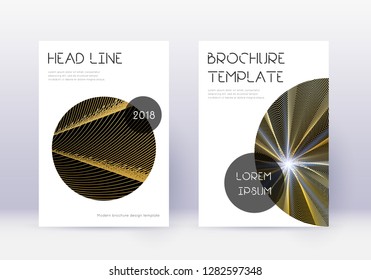 Trendy cover design template set. Gold abstract lines on black background. Flawless cover design. Fetching catalog, poster, book template etc.