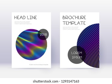 Trendy cover design template set. Rainbow abstract lines on dark blue background. Glamorous cover design. Dramatic catalog, poster, book template etc.