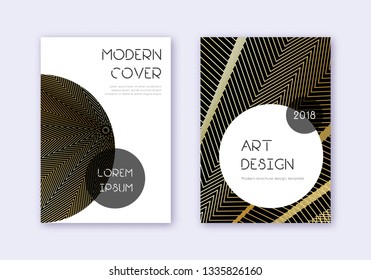 Trendy cover design template set. Gold abstract lines on black background. Gorgeous cover design. Admirable catalog, poster, book template etc.