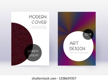 Trendy cover design template set. Rainbow abstract lines on wine red background. Grand cover design. Decent catalog, poster, book template etc.