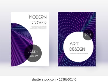 Trendy cover design template set. Neon abstract lines on dark blue background. Graceful cover design. Admirable catalog, poster, book template etc.